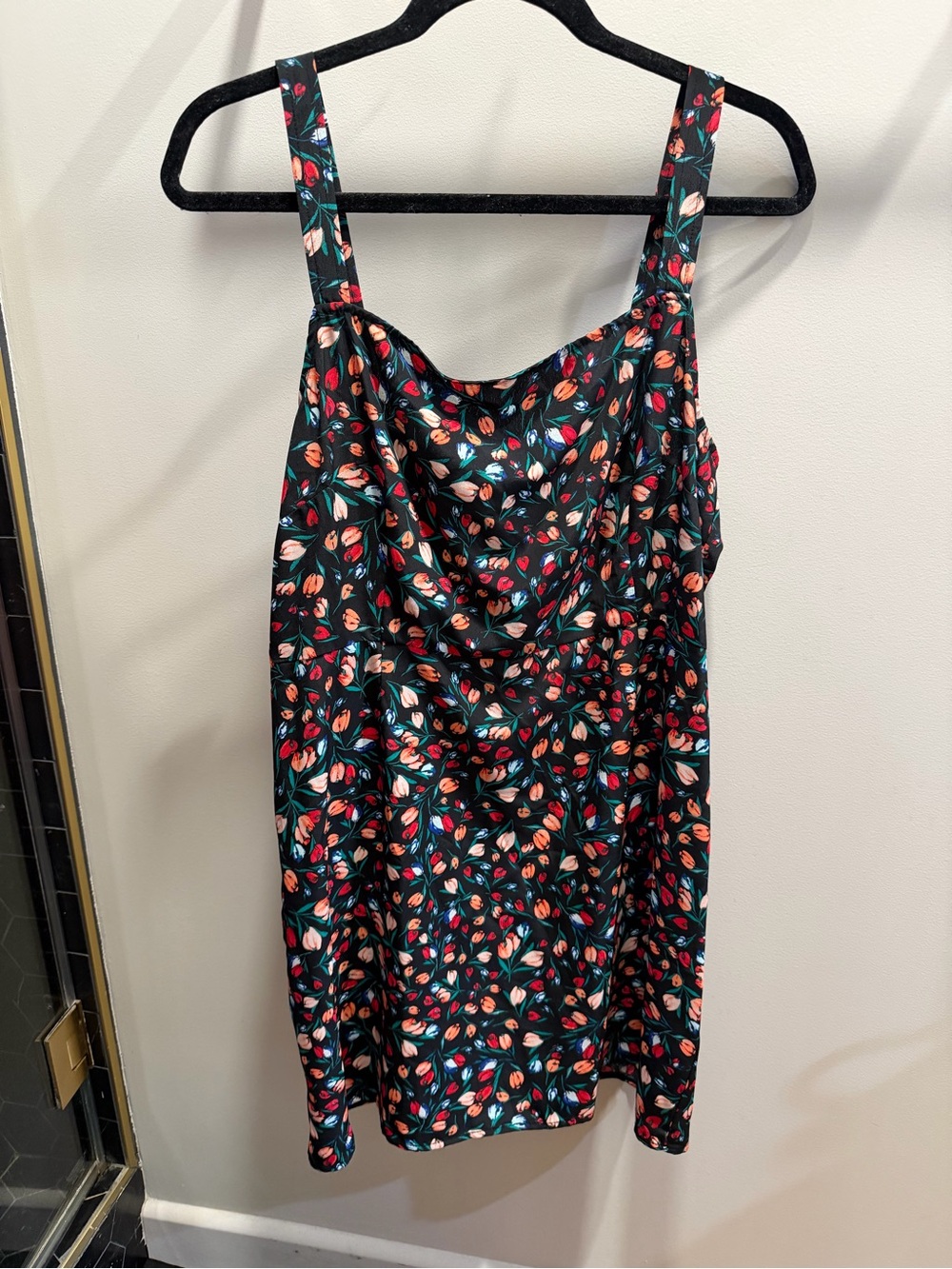 bp Black Straught Neck Mini Dress with Red, Pink & Cream Floral Print
